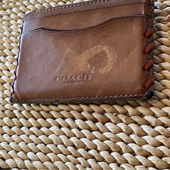 Coach Brown Leather Card Holder With Leather Baseball Style Stitching - Picture 2 of 9